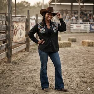 90's VTG Cedars Black Embroidered Button Up Western Boho Colorful Shirt Women 8